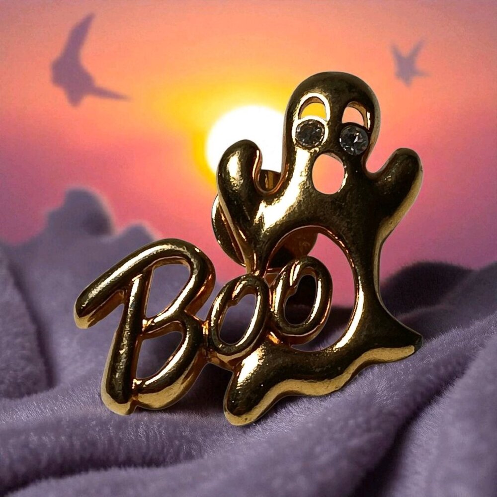Boo Ghost Gold-Tone Clear Rhinestone Eyes Lapel Pin Tie Tack Halloween